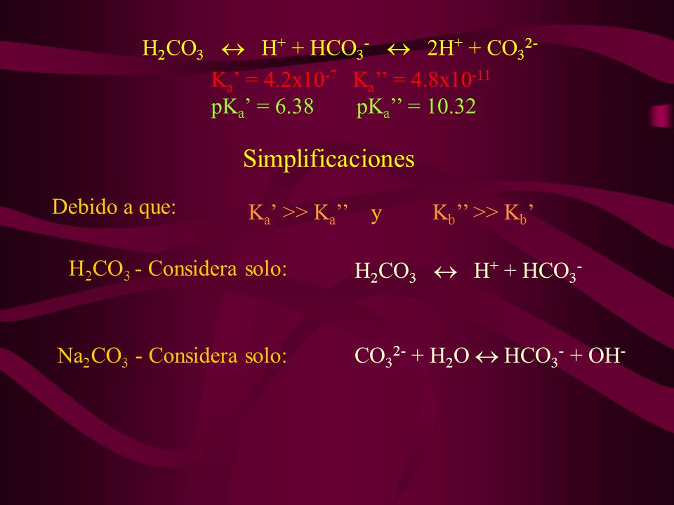 Simplificaciones H2CO3  H+ + HCO3-  2H+ + CO32- Ka’ = 4.2x10-7