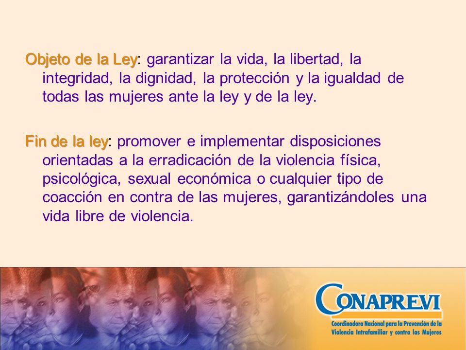 Objeto de la Ley: garantizar la vida, la libertad, la integridad, la dignidad, la protección y la igualdad de todas las mujeres ante la ley y de la ley.