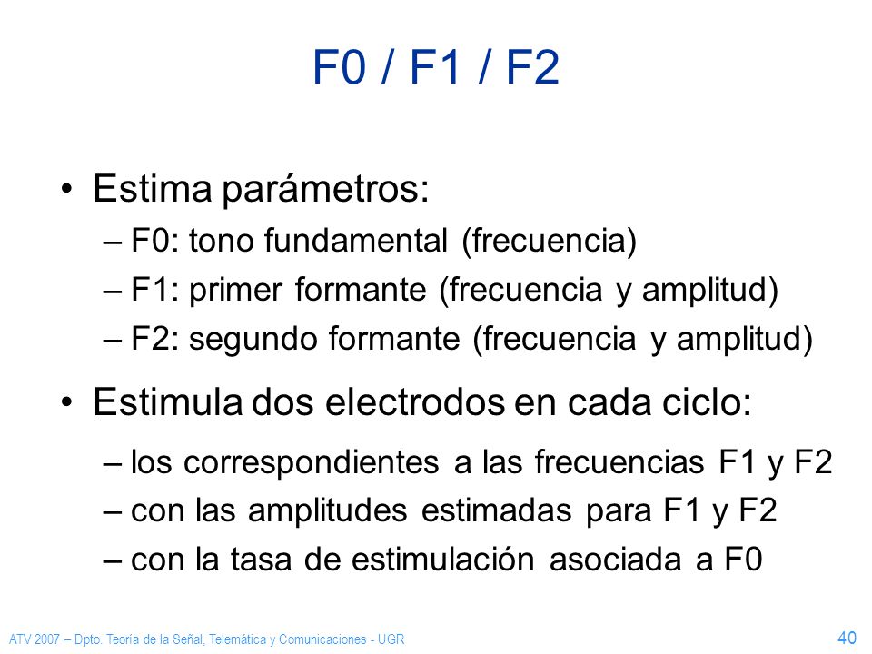 F0 / F1 / F2 Estima parámetros: Estimula dos electrodos en cada ciclo: