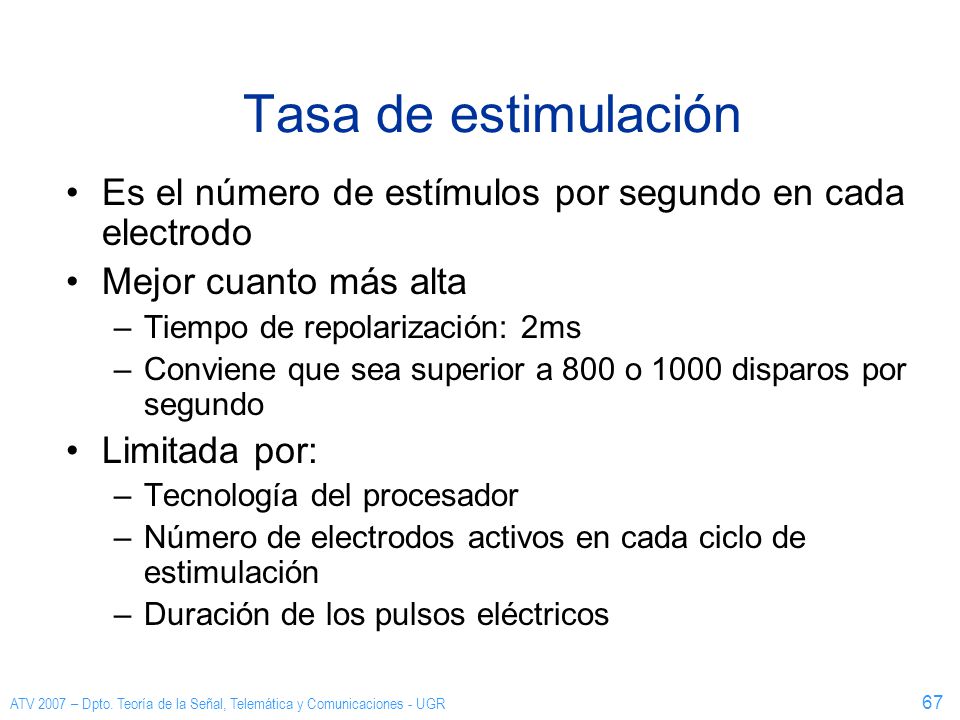Tasa de estimulación Es el número de estímulos por segundo en cada electrodo. Mejor cuanto más alta.
