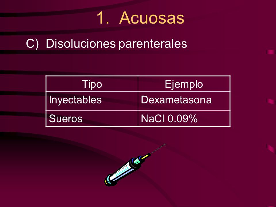 1. Acuosas C) Disoluciones parenterales Tipo Ejemplo Inyectables