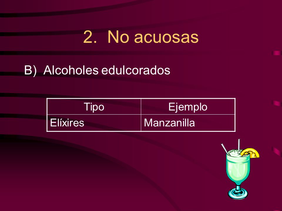 2. No acuosas B) Alcoholes edulcorados Tipo Ejemplo Elíxires