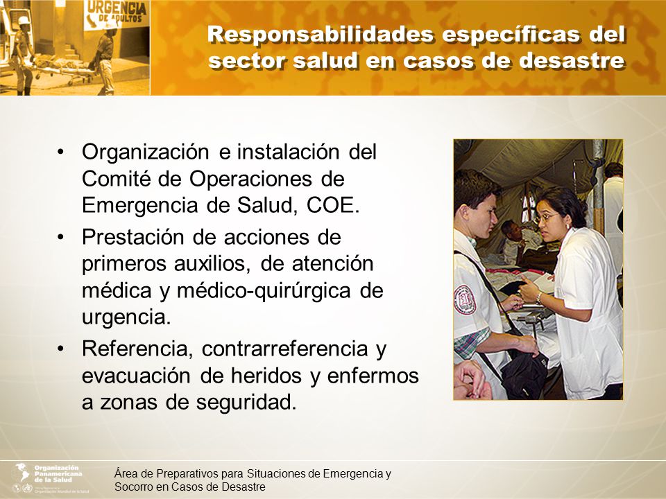 Responsabilidades específicas del sector salud en casos de desastre