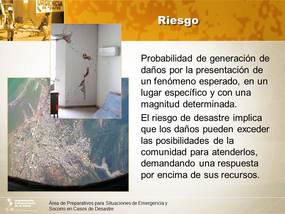 Riesgo Probabilidad de generación de daños por la presentación de un fenómeno esperado, en un lugar específico y con una magnitud determinada.