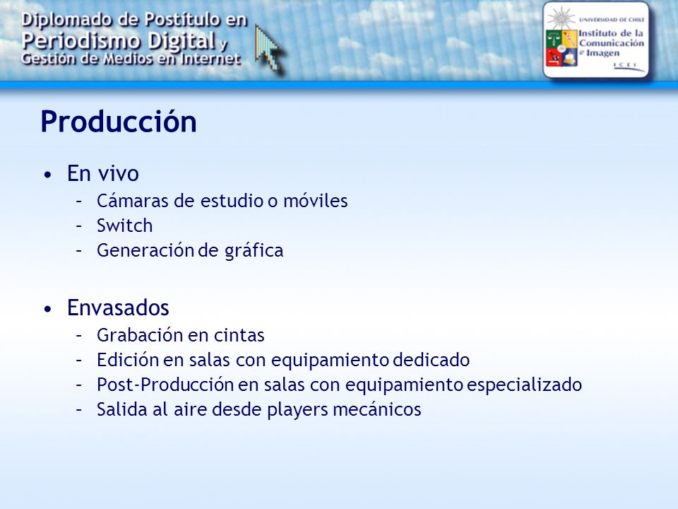 Producción En vivo Envasados Cámaras de estudio o móviles Switch