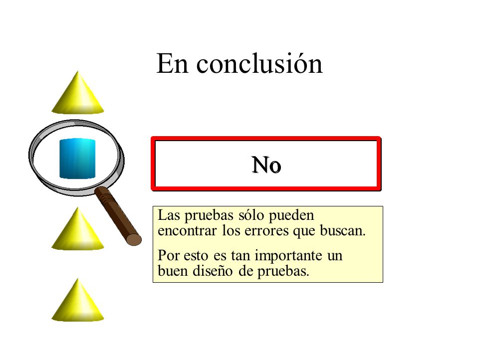 En conclusión No. Las pruebas sólo pueden encontrar los errores que buscan. Por esto es tan importante un buen diseño de pruebas.