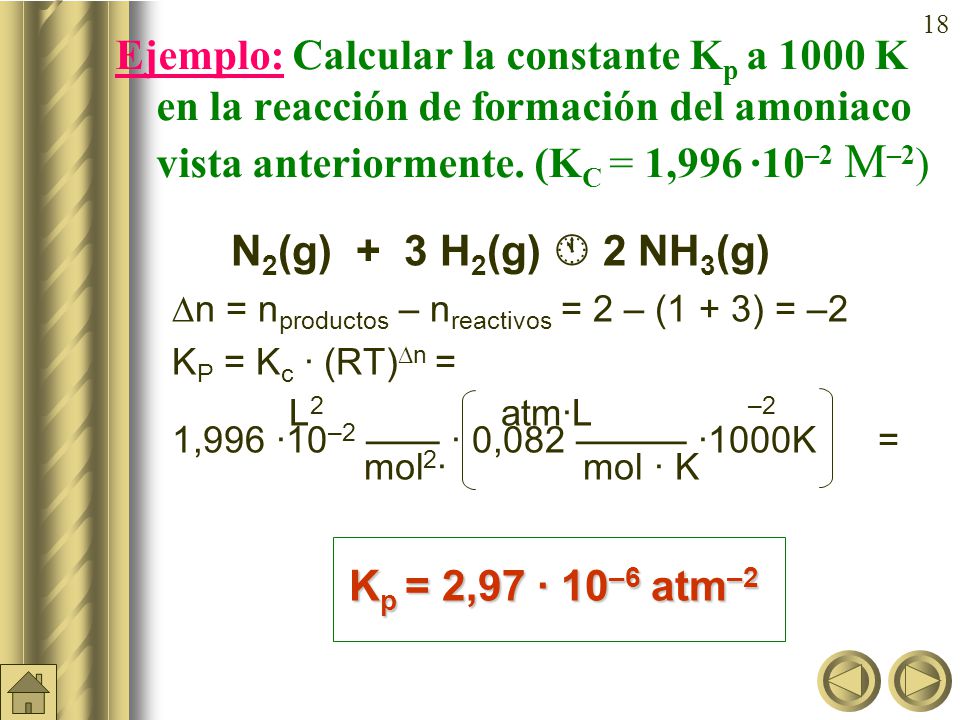 Ejemplo: Calcular la constante Kp a 1000 K en la reacción de formación del amoniaco vista anteriormente. (KC = 1,996 ·10–2 M–2)