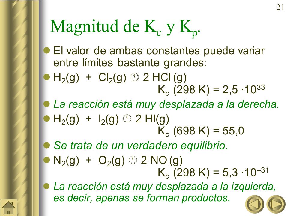 Magnitud de Kc y Kp. El valor de ambas constantes puede variar entre límites bastante grandes: