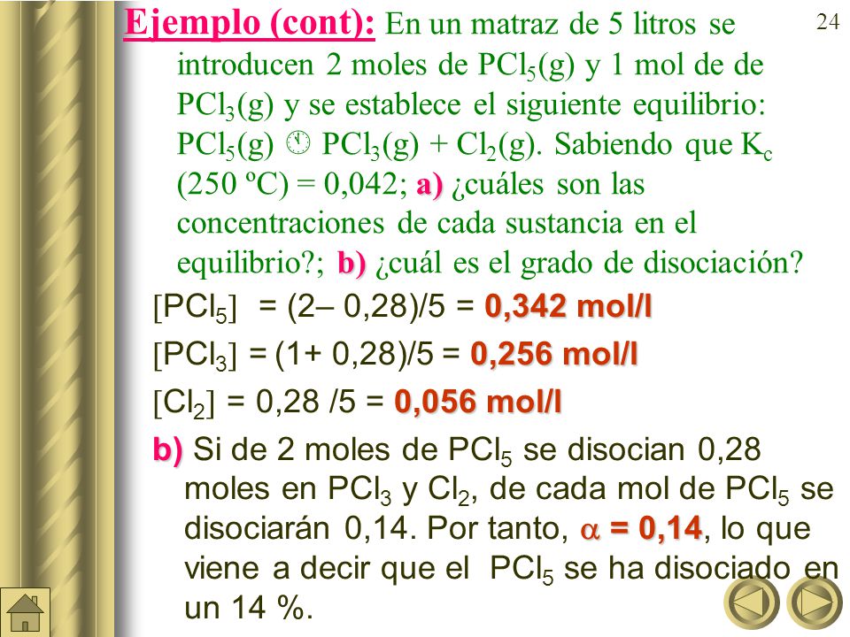 Ejemplo (cont): En un matraz de 5 litros se introducen 2moles de PCl5(g) y 1 mol de de PCl3(g) y se establece el siguiente equilibrio: PCl5(g)  PCl3(g) + Cl2(g). Sabiendo que Kc (250 ºC) = 0,042; a) ¿cuáles son las concentraciones de cada sustancia en el equilibrio ; b) ¿cuál es el grado de disociación