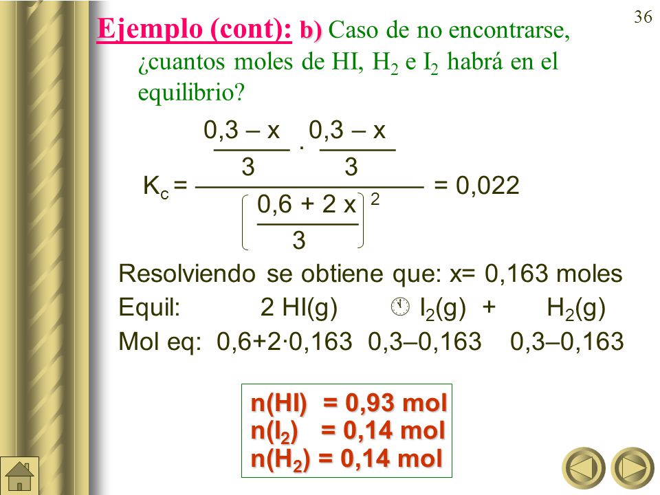 Ejemplo (cont): b) Caso de no encontrarse, ¿cuantos moles de HI, H2 e I2 habrá en el equilibrio
