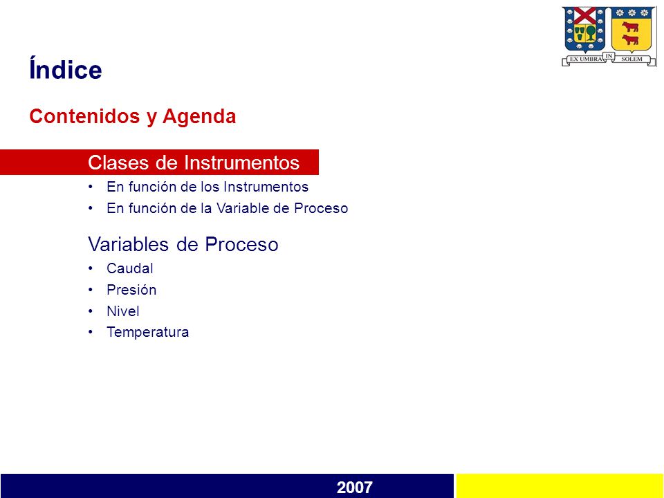 Índice Contenidos y Agenda Clases de Instrumentos Variables de Proceso