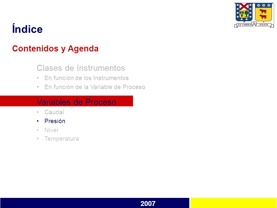 Índice Contenidos y Agenda Clases de Instrumentos Variables de Proceso