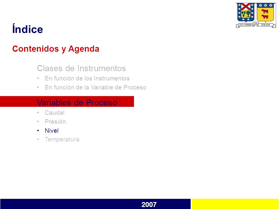 Índice Contenidos y Agenda Clases de Instrumentos Variables de Proceso