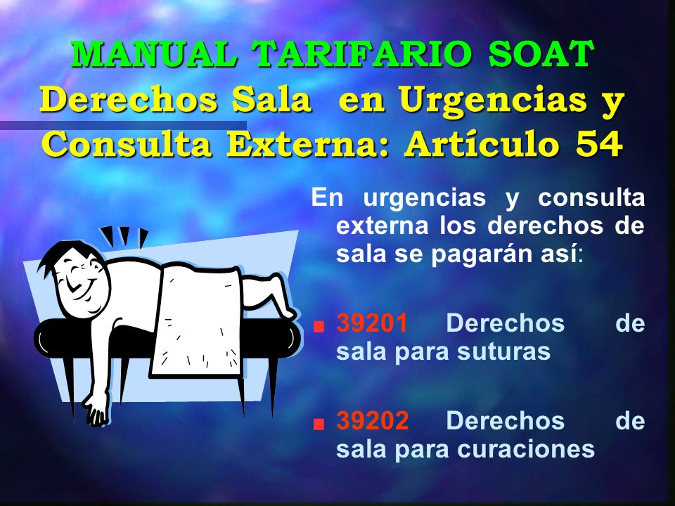 MANUAL TARIFARIO SOAT Derechos Sala en Urgencias y Consulta Externa: Artículo 54