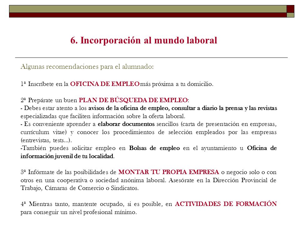 6. Incorporación al mundo laboral