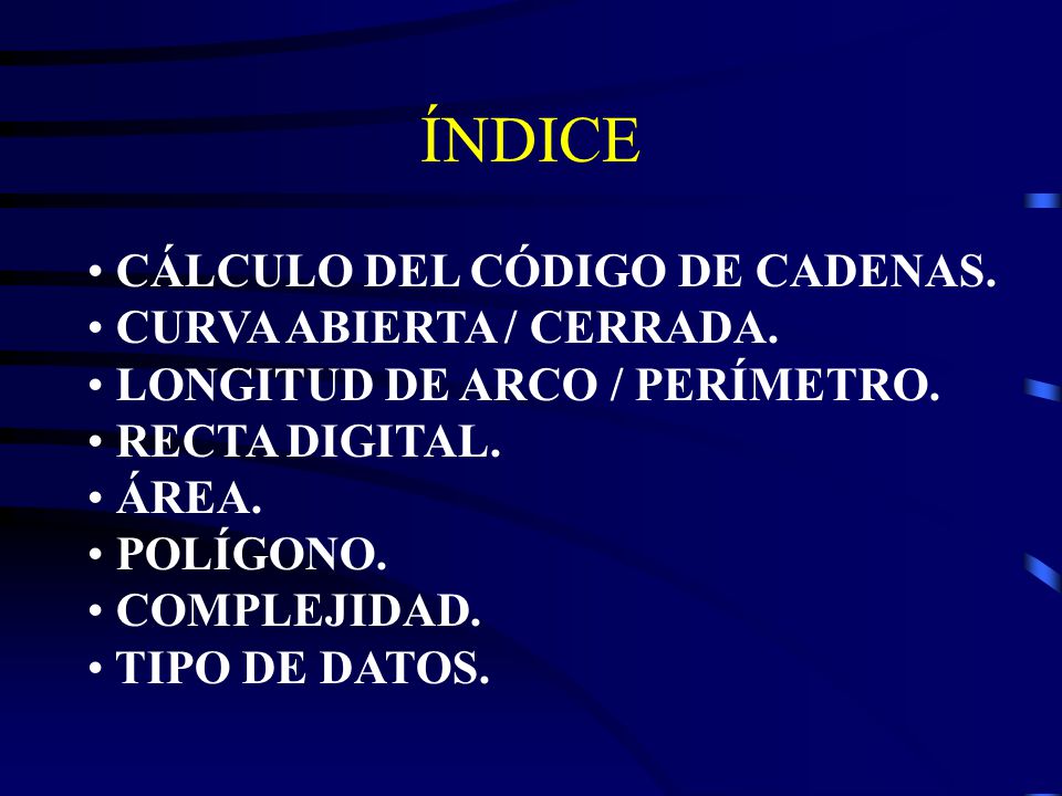 ÍNDICE CÁLCULO DEL CÓDIGO DE CADENAS. CURVA ABIERTA / CERRADA.