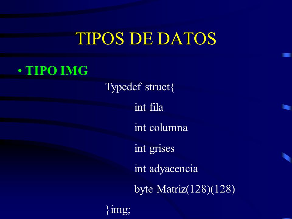 TIPOS DE DATOS TIPO IMG Typedef struct{ int fila int columna