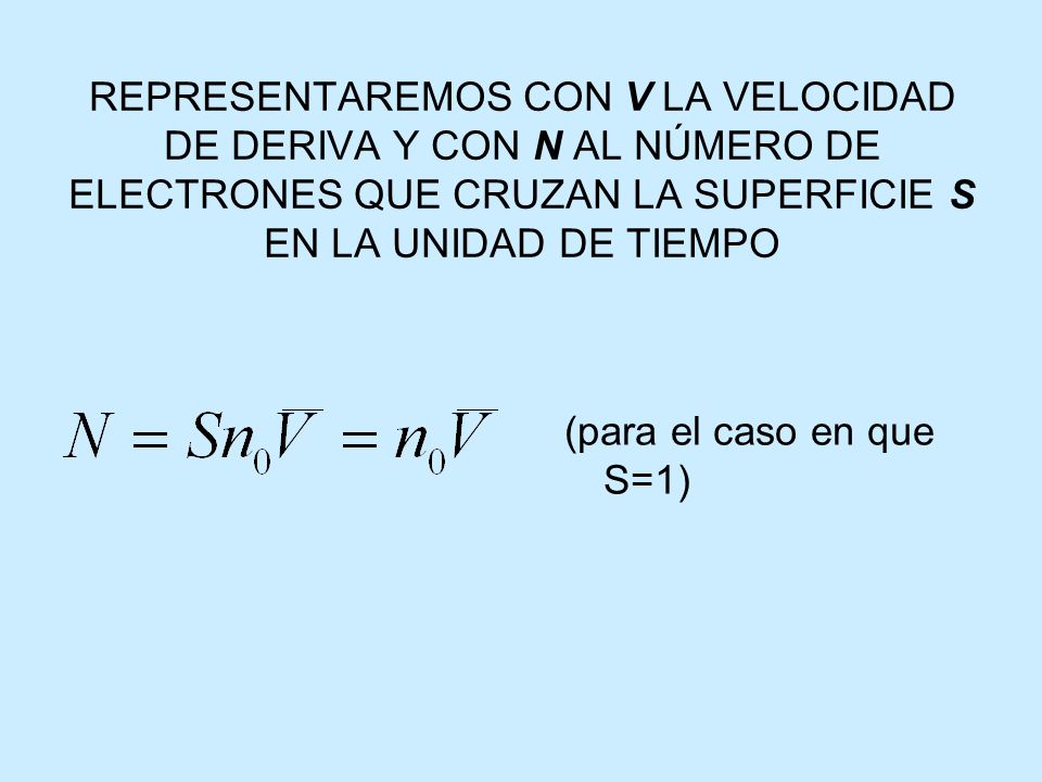 REPRESENTAREMOS CON V LA VELOCIDAD DE DERIVA Y CON N AL NÚMERO DE ELECTRONES QUE CRUZAN LA SUPERFICIE S EN LA UNIDAD DE TIEMPO