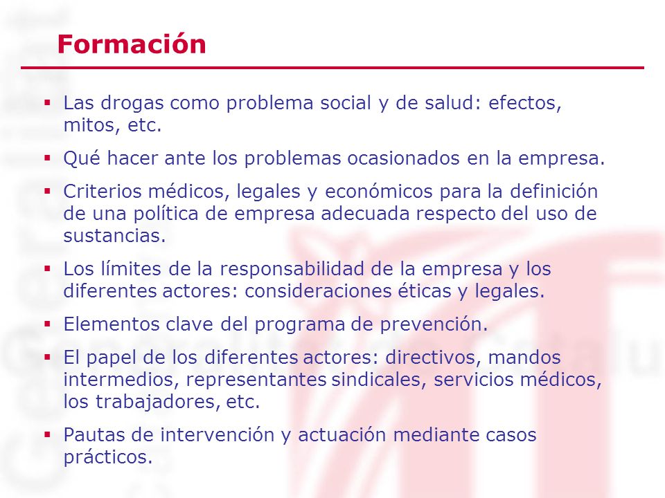 Formación Las drogas como problema social y de salud: efectos, mitos, etc. Qué hacer ante los problemas ocasionados en la empresa.