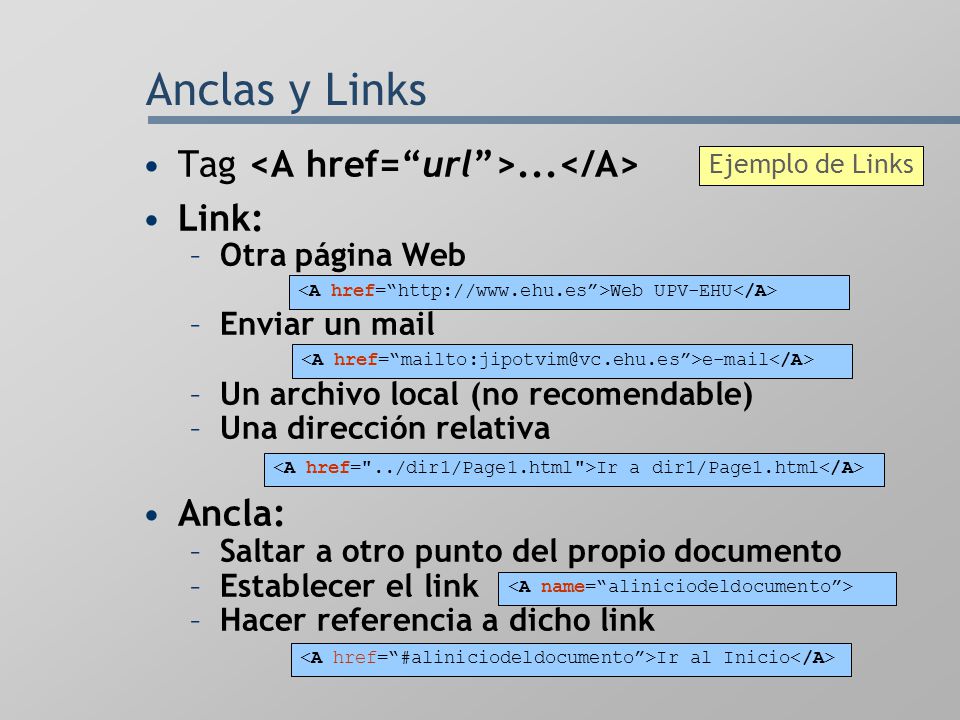 Anclas y Links Tag <A href= url >...</A> Link: Ancla:
