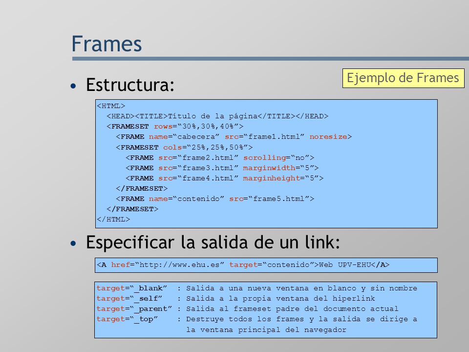 Frames Estructura: Especificar la salida de un link: Ejemplo de Frames