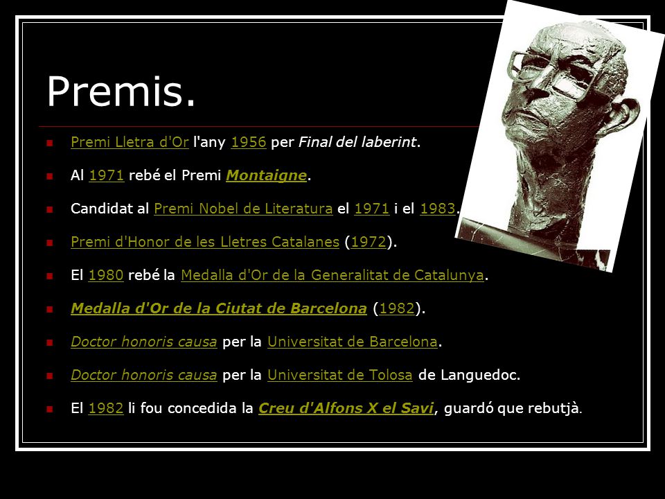 Premis. Premi Lletra d Or l any 1956 per Final del laberint.