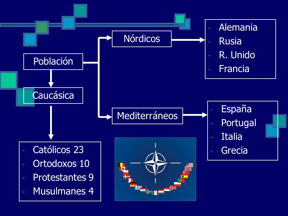 Alemania Rusia. R. Unido. Francia. Nórdicos. Población. Caucásica. España. Portugal. Italia.