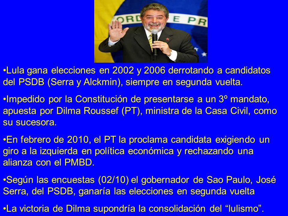 Lula gana elecciones en 2002 y 2006 derrotando a candidatos del PSDB (Serra y Alckmin), siempre en segunda vuelta.