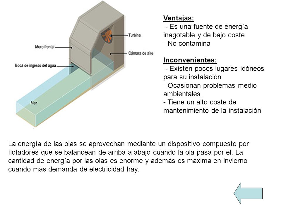 Ventajas: - Es una fuente de energía inagotable y de bajo coste - No contamina Inconvenientes: - Existen pocos lugares idóneos para su instalación - Ocasionan problemas medio ambientales. - Tiene un alto coste de mantenimiento de la instalación