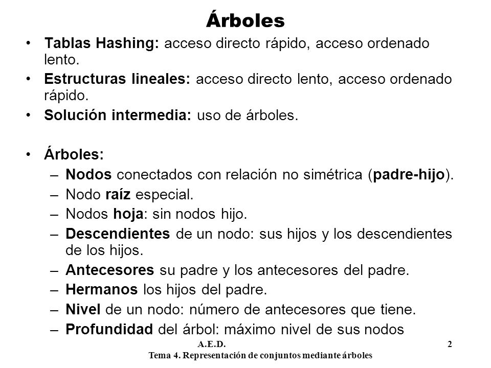 Árboles Tablas Hashing: acceso directo rápido, acceso ordenado lento.