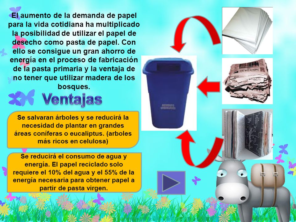 El aumento de la demanda de papel para la vida cotidiana ha multiplicado la posibilidad de utilizar el papel de desecho como pasta de papel. Con ello se consigue un gran ahorro de energía en el proceso de fabricación de la pasta primaria y la ventaja de no tener que utilizar madera de los bosques.