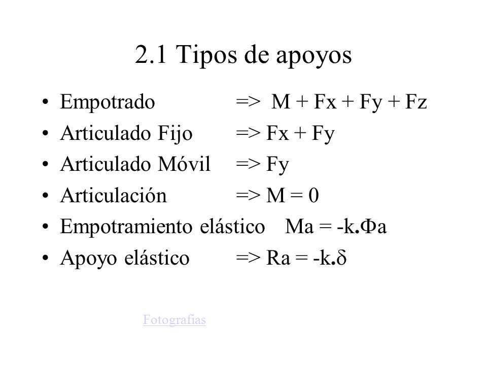 2.1 Tipos de apoyos Empotrado => M + Fx + Fy + Fz