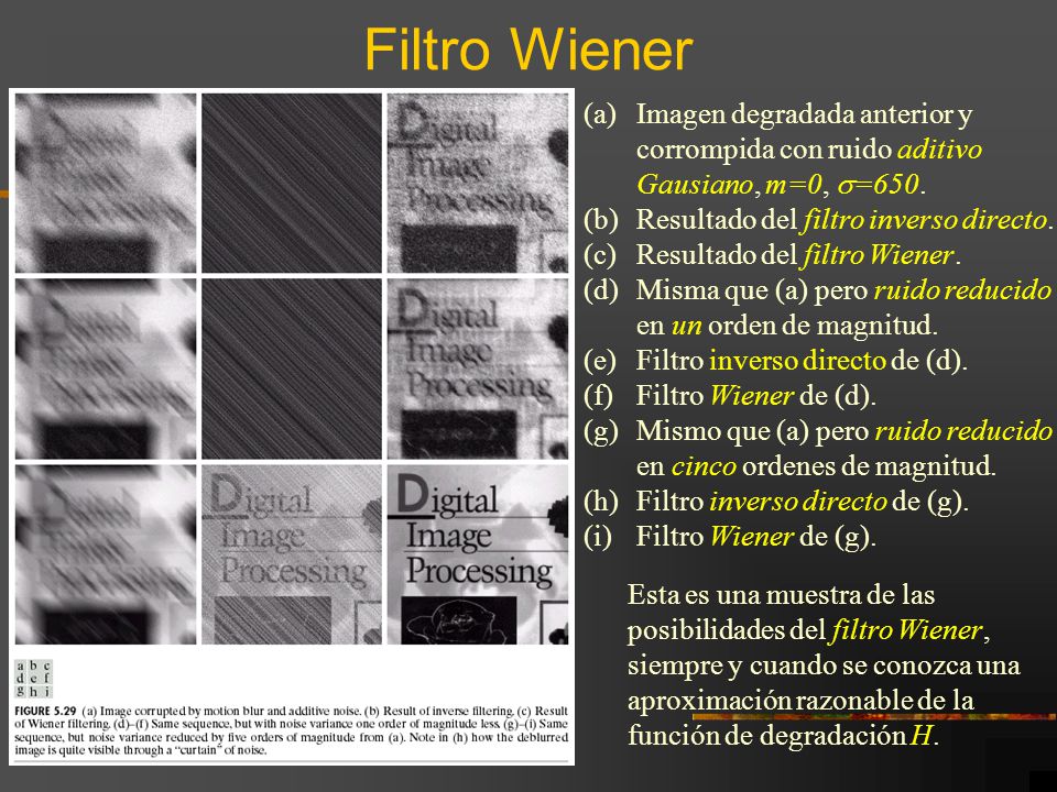 Filtro Wiener Imagen degradada anterior y corrompida con ruido aditivo Gausiano, m=0, =650. Resultado del filtro inverso directo.