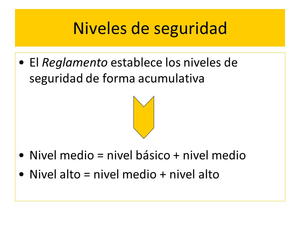 Niveles de seguridad El Reglamento establece los niveles de seguridad de forma acumulativa. Nivel medio = nivel básico + nivel medio.