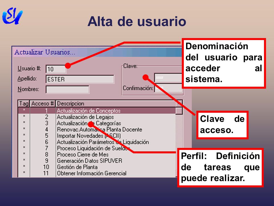 Alta de usuario Denominación del usuario para acceder al sistema.