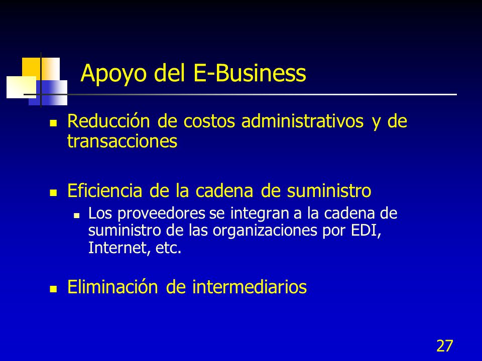 Apoyo del E-Business Reducción de costos administrativos y de transacciones. Eficiencia de la cadena de suministro.
