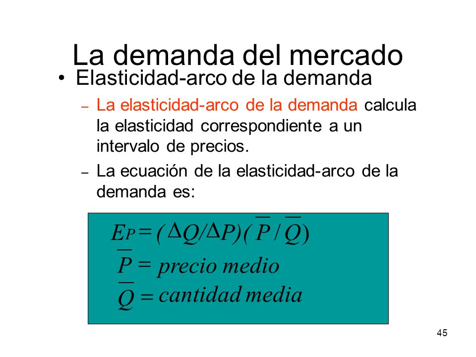 La demanda del mercado E = ( D Q/ D P)( P / Q ) P = precio medio Q =