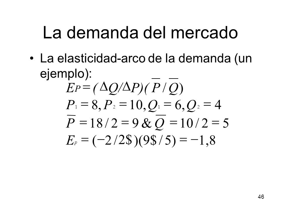 La demanda del mercado E = ( D Q/ D P)( P / Q ) P = 8 , P = 10 , Q = 6