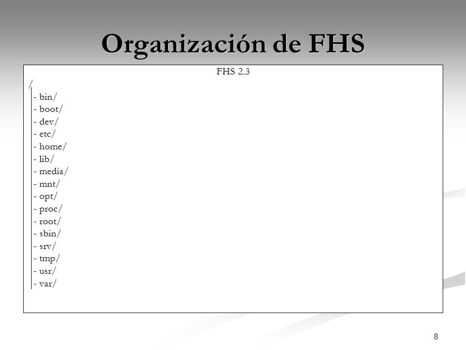 Organización de FHS FHS 2.3 / - bin/ - boot/ - dev/ - etc/ - home/