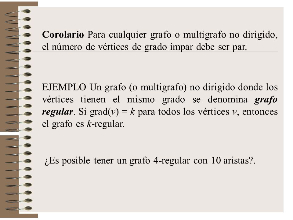 Corolario Para cualquier grafo o multigrafo no dirigido, el número de vértices de grado impar debe ser par.