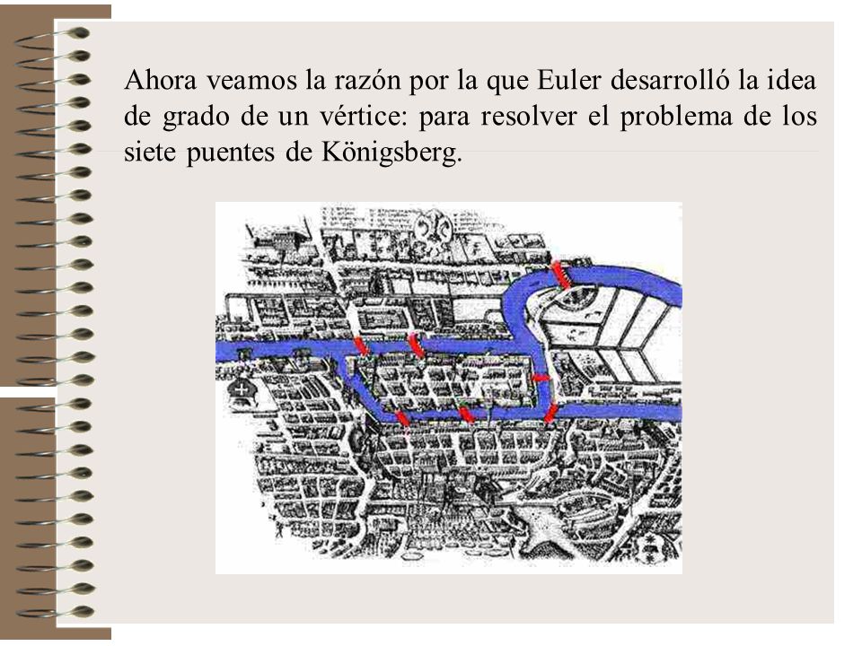 Ahora veamos la razón por la que Euler desarrolló la idea de grado de un vértice: para resolver el problema de los siete puentes de Königsberg.