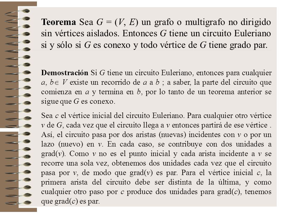 Teorema Sea G = (V, E) un grafo o multigrafo no dirigido sin vértices aislados. Entonces G tiene un circuito Euleriano si y sólo si G es conexo y todo vértice de G tiene grado par.