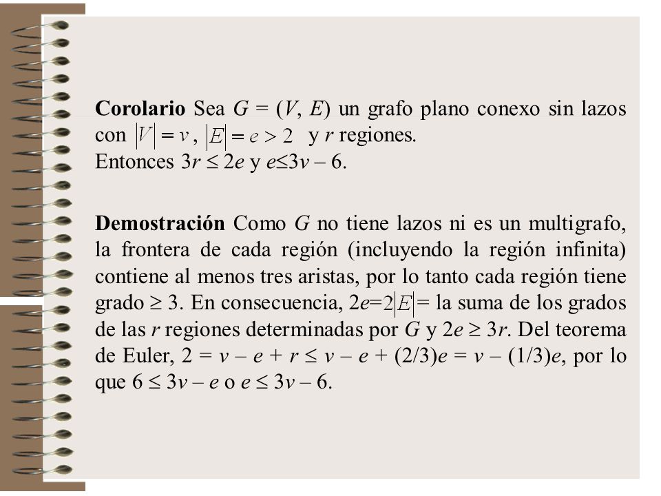 Corolario Sea G = (V, E) un grafo plano conexo sin lazos con , y r regiones.
