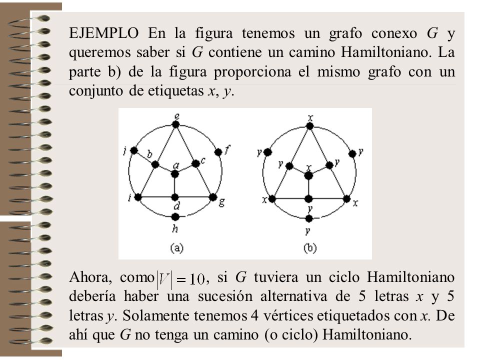 EJEMPLO En la figura tenemos un grafo conexo G y queremos saber si G contiene un camino Hamiltoniano. La parte b) de la figura proporciona el mismo grafo con un conjunto de etiquetas x, y.