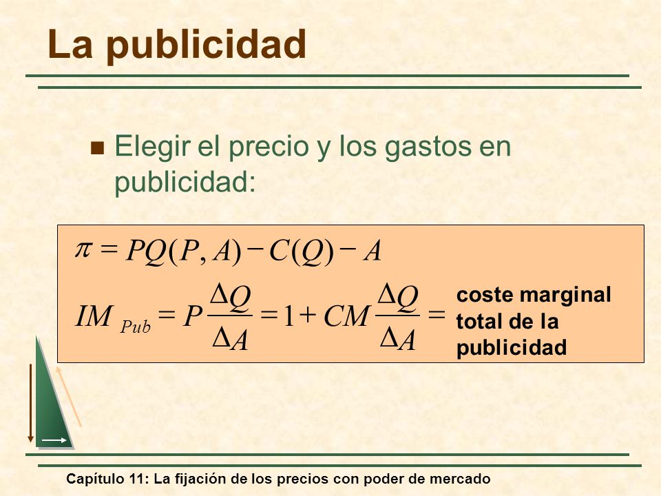 La publicidad p = PQ ( P , A ) - C ( Q ) - A D Q D Q IM = P = 1 + CM =