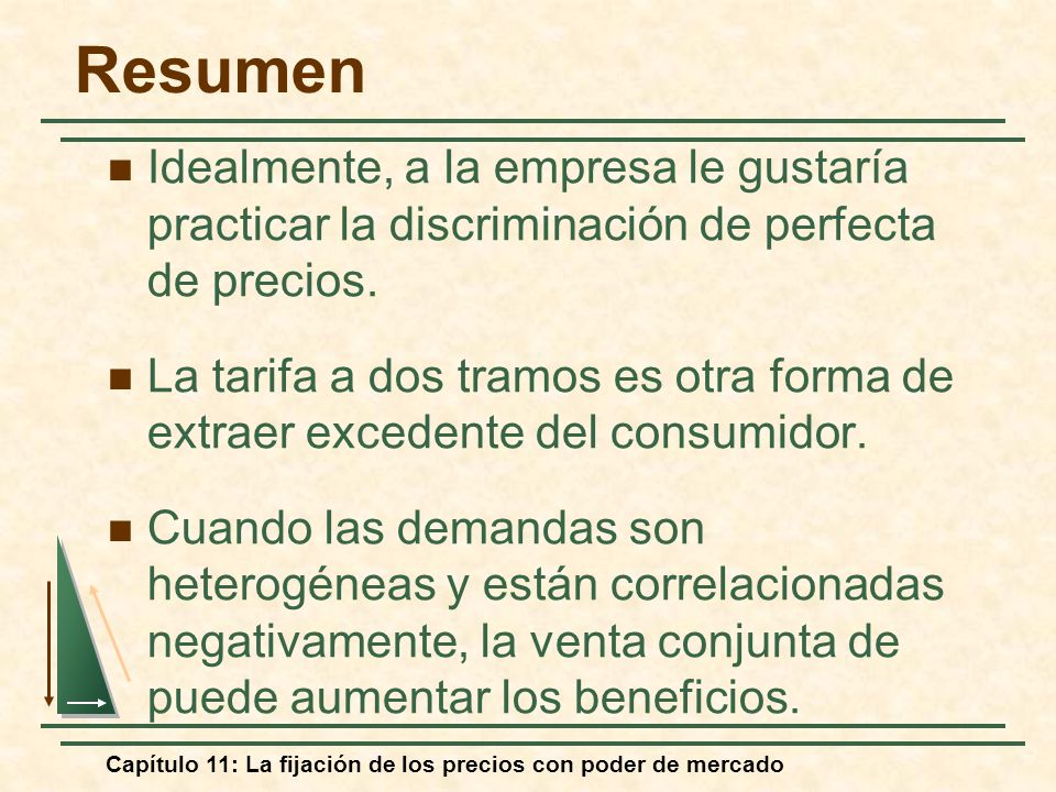 Resumen Idealmente, a la empresa le gustaría practicar la discriminación de perfecta de precios.