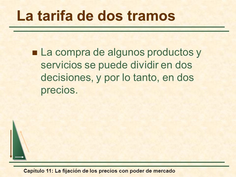 La tarifa de dos tramos La compra de algunos productos y servicios se puede dividir en dos decisiones, y por lo tanto, en dos precios.