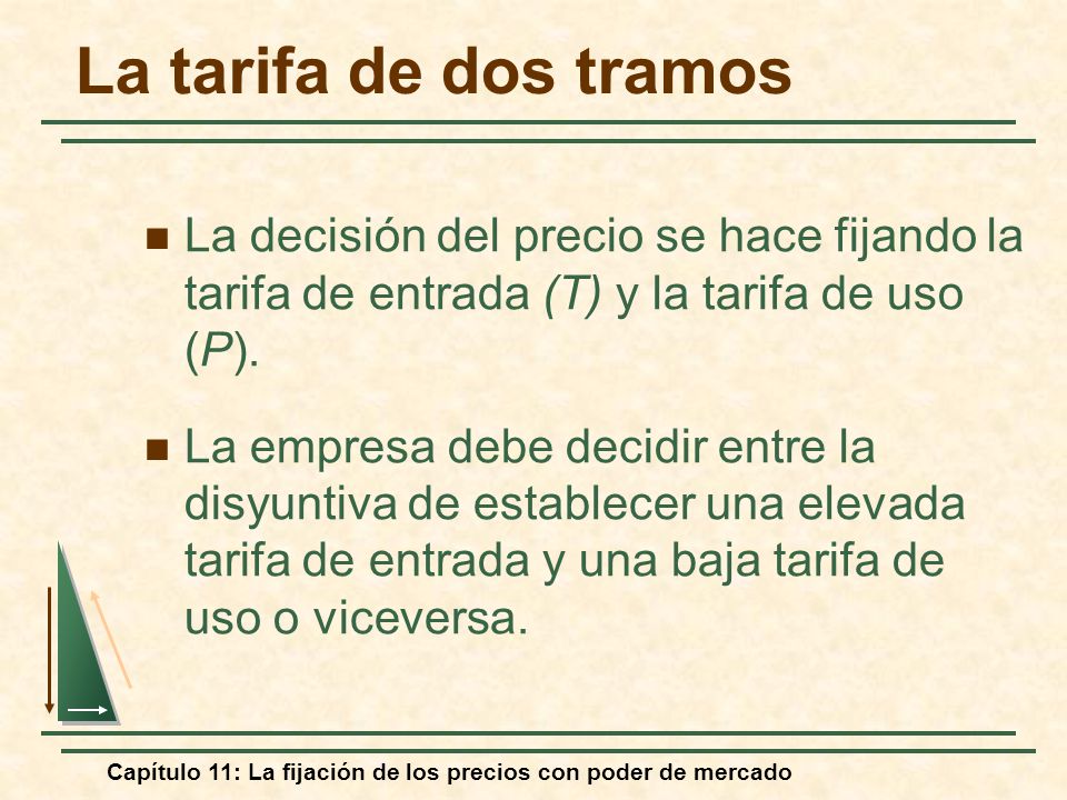 La tarifa de dos tramos La decisión del precio se hace fijando la tarifa de entrada (T) y la tarifa de uso (P).
