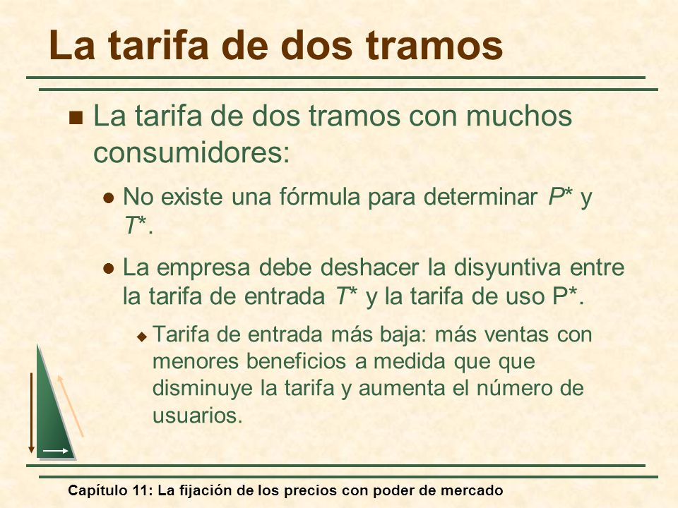 La tarifa de dos tramos La tarifa de dos tramos con muchos consumidores: No existe una fórmula para determinar P* y T*.