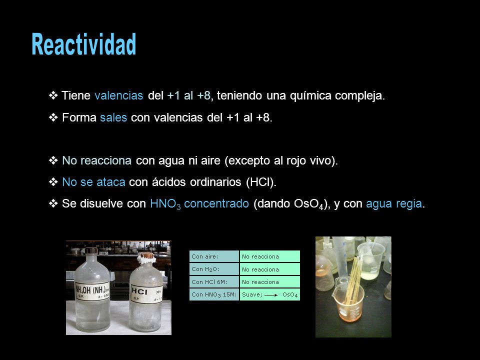 Reactividad Tiene valencias del +1 al +8, teniendo una química compleja. Forma sales con valencias del +1 al +8.